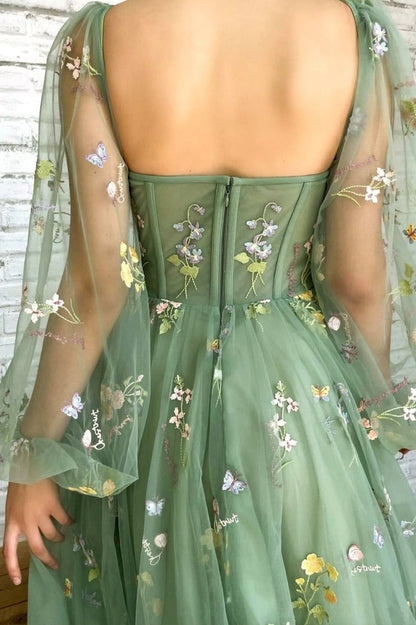 Green Tulle Lace Short Prom Dress, Cute Long Sleeve Homecoming Party Dress