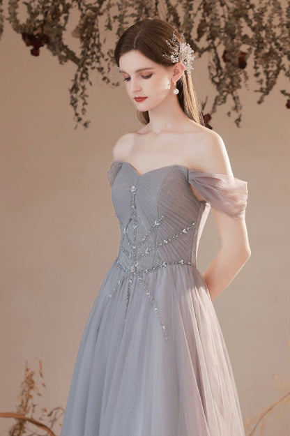 Gray Beaded Sweetheart Long Evening Prom Dress, Beautiful Gray Party Dress