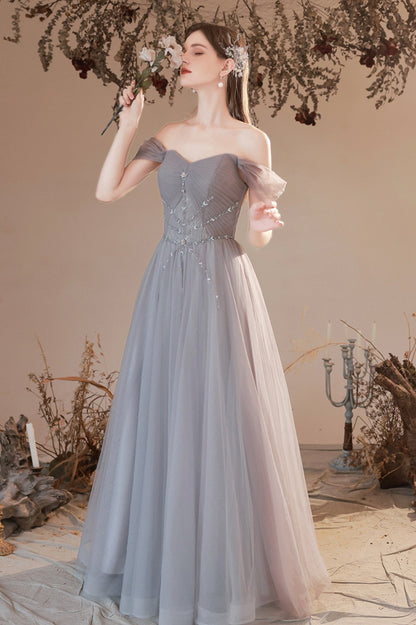 Gray Beaded Sweetheart Long Evening Prom Dress, Beautiful Gray Party Dress