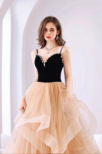 Stylish V-Neck Tulle Layers Long Formal Dress, Cute A-Line Prom Dress