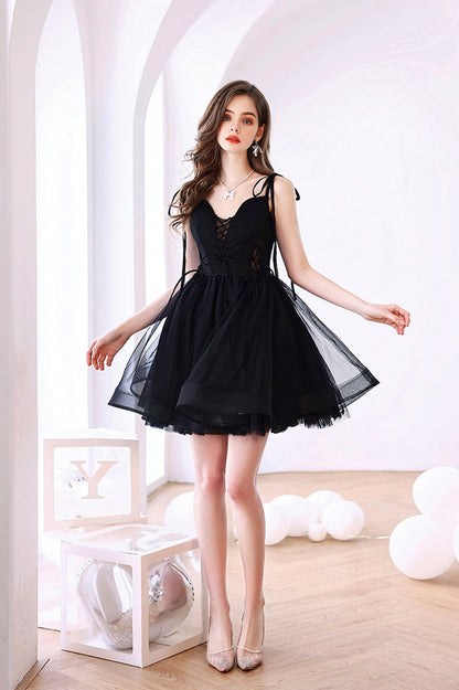 Black Tulle Short Prom Dress, Black V-Neck Homecoming Party Dress