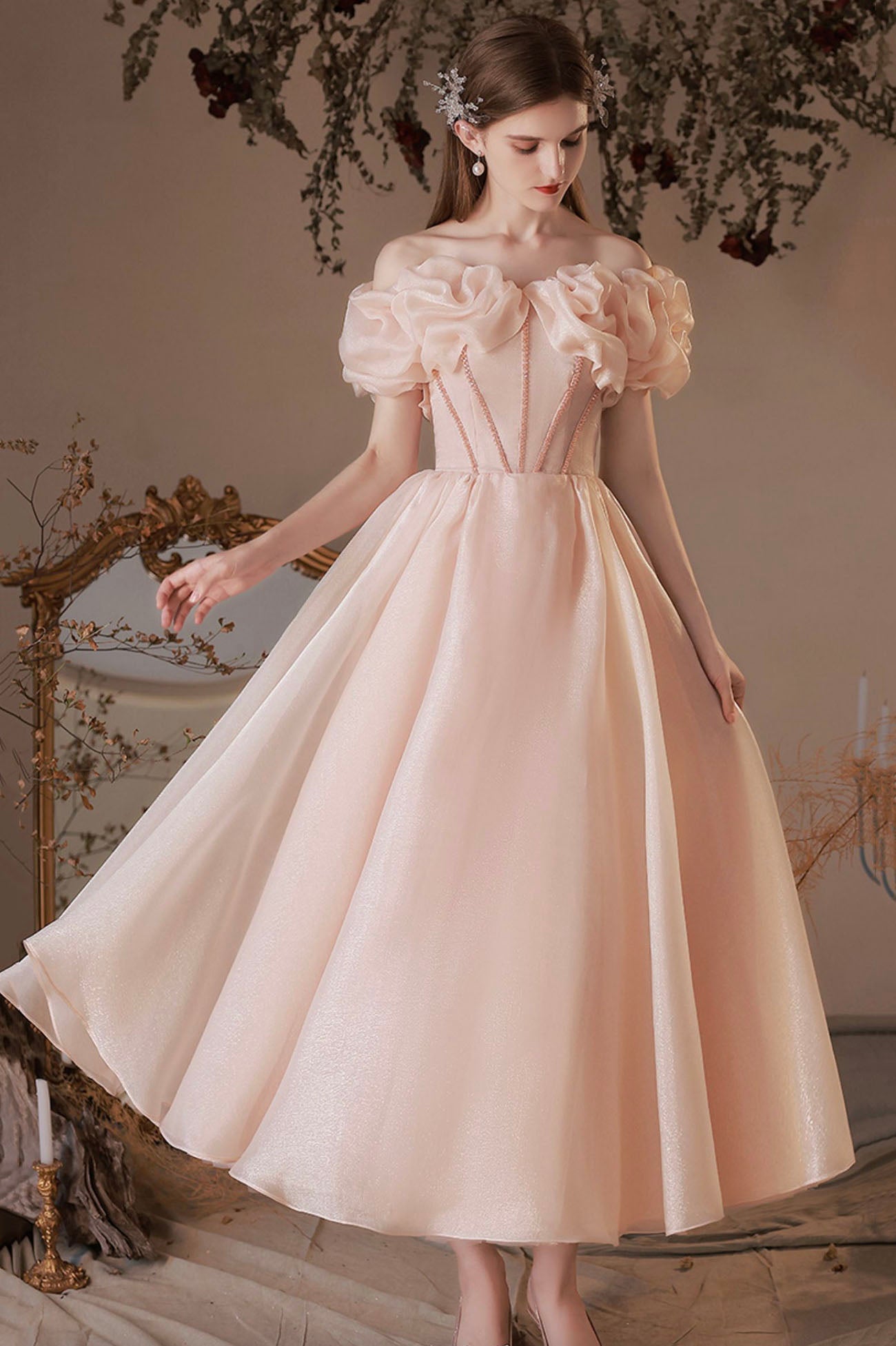 Pink Tulle Beaded Short A-Line Prom Dress, Off the Shoulder Homecoming Dress