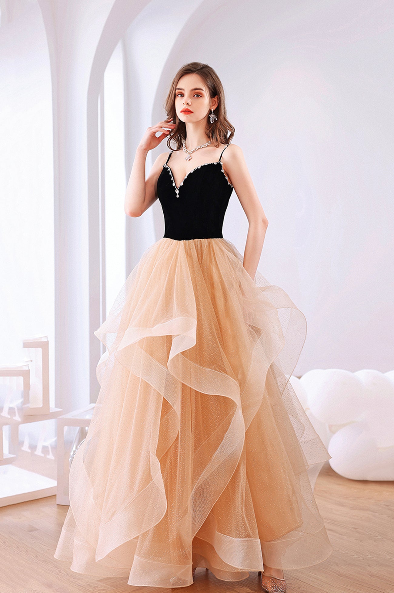 Stylish V-Neck Tulle Layers Long Formal Dress, Cute A-Line Prom Dress