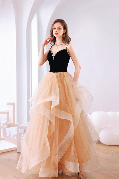 Stylish V-Neck Tulle Layers Long Formal Dress, Cute A-Line Prom Dress
