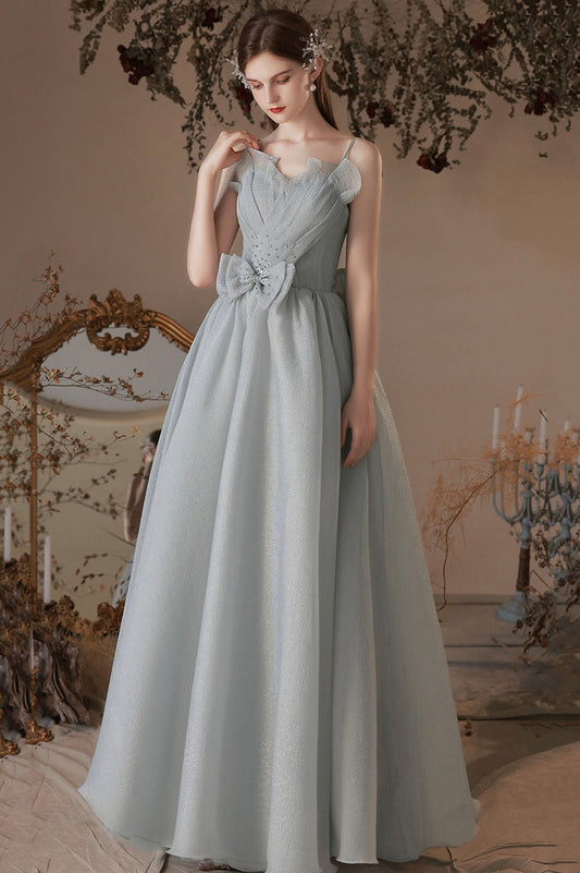 Gray Tulle Long A-Line Prom Dress with Bow, Lovely Graduation Dress