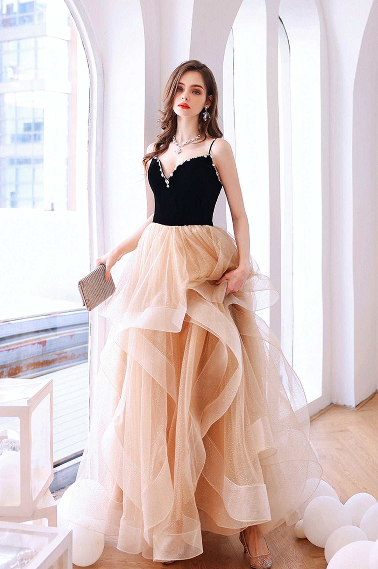 Stylish V-Neck Tulle Layers Long Formal Dress, Cute A-Line Prom Dress