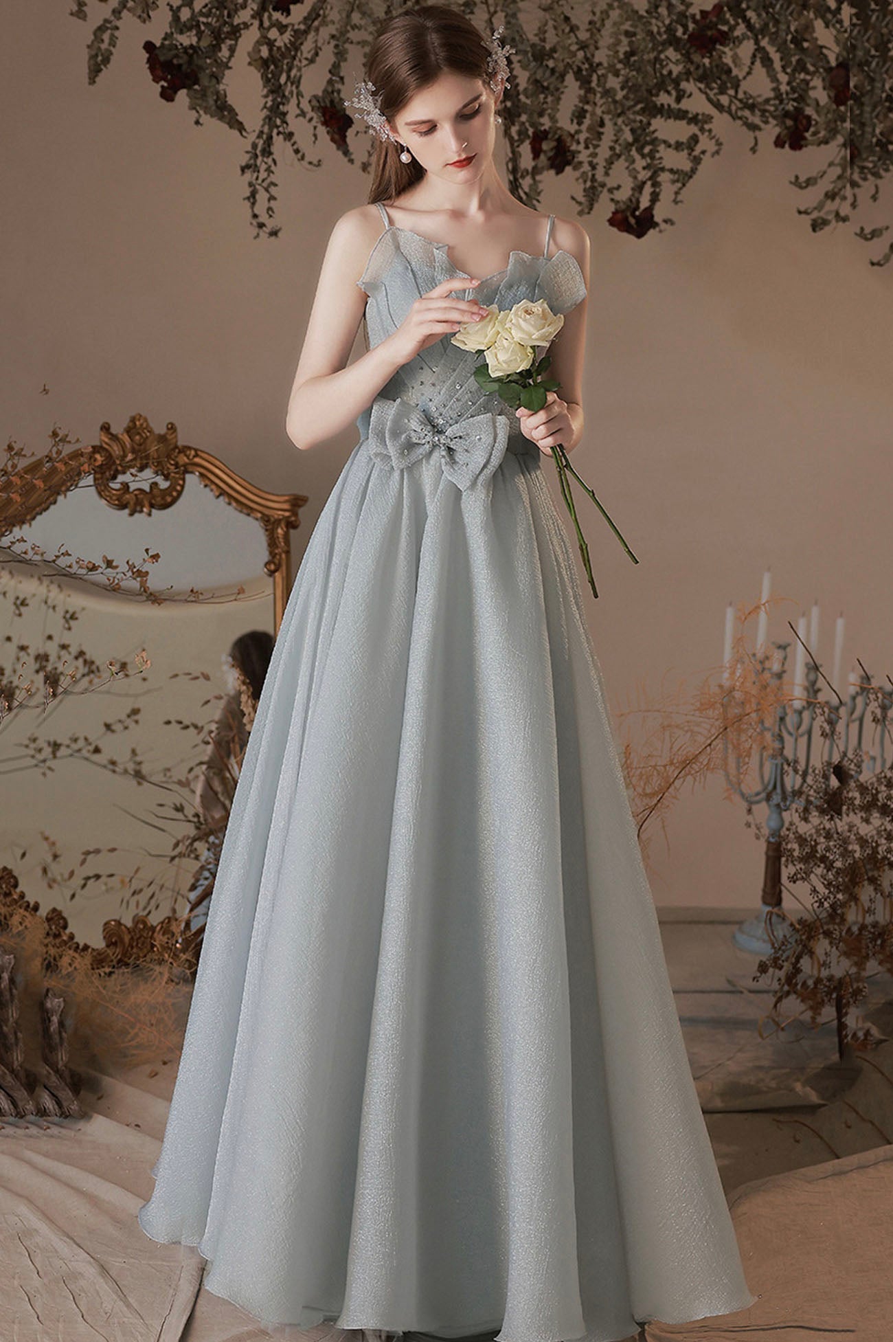 Gray Tulle Long A-Line Prom Dress with Bow, Lovely Graduation Dress