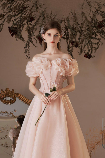 Pink Tulle Beaded Short A-Line Prom Dress, Off the Shoulder Homecoming Dress