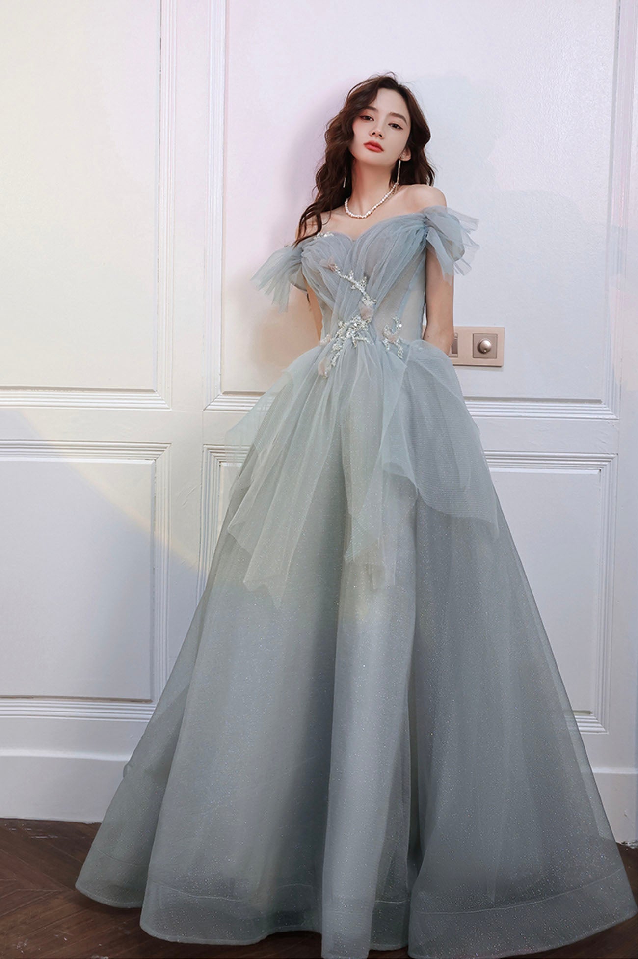 Gray Tulle Long A-Line Prom Dress, Off the Shoulder Evening Party Dress