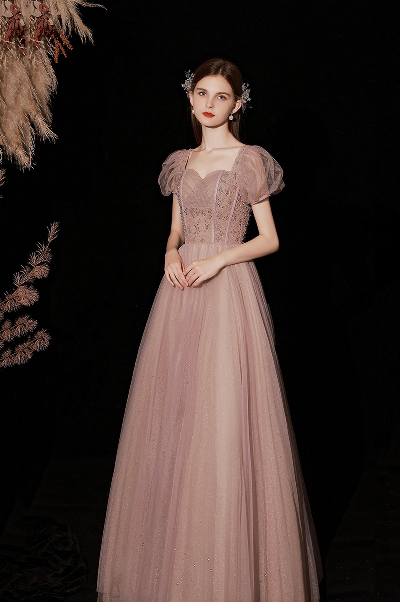 Pink Tulle Long A-Line Prom Dress with Beaded, Cute Short Sleeve Evening Dress