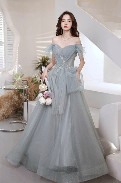 Gray Tulle Long A-Line Prom Dress, Off the Shoulder Evening Party Dress