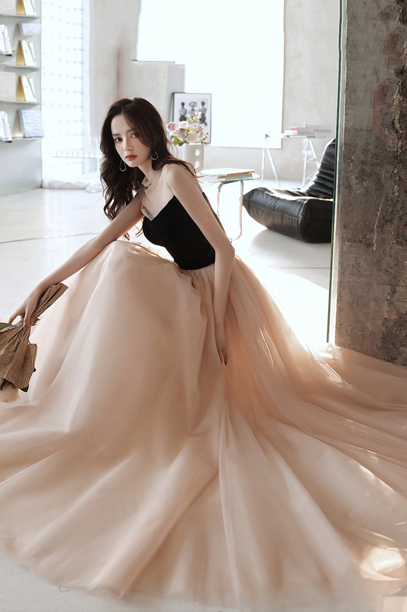 Elegant Tulle Long A-Line Prom Dress, Champagne Scoop Neckline Evening Dress