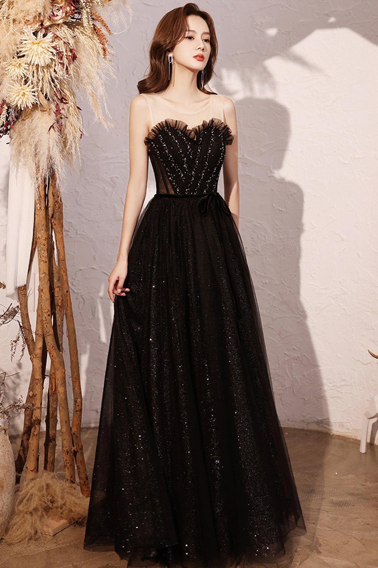 Black Scoop Neckline Tulle Long Prom Dress, A-Line Evening Party Dress