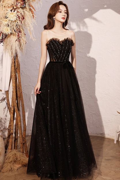 Black Scoop Neckline Tulle Long Prom Dress, A-Line Evening Party Dress