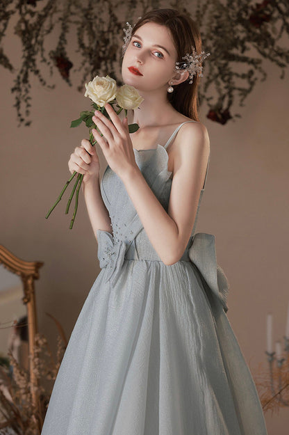Gray Tulle Long A-Line Prom Dress with Bow, Lovely Graduation Dress