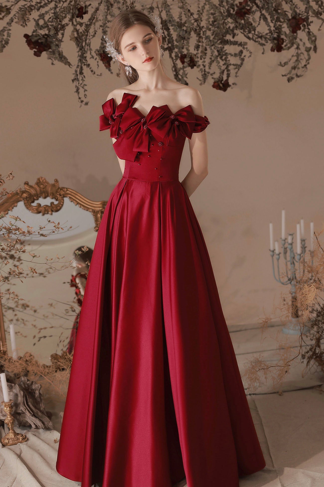 Burgundy Satin Long A-Line Prom Dress, Off the Shoulder Evening Dress with Bow