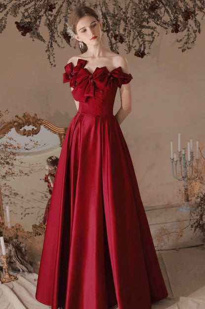 Burgundy Satin Long A-Line Prom Dress, Off the Shoulder Evening Dress with Bow