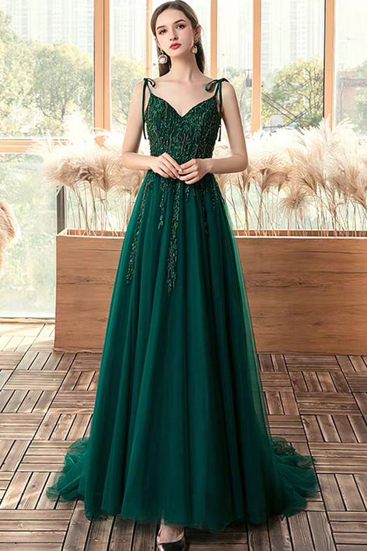 Green V-Neck Tulle Long A-Line Prom Dress, Lace Evening Party Dress