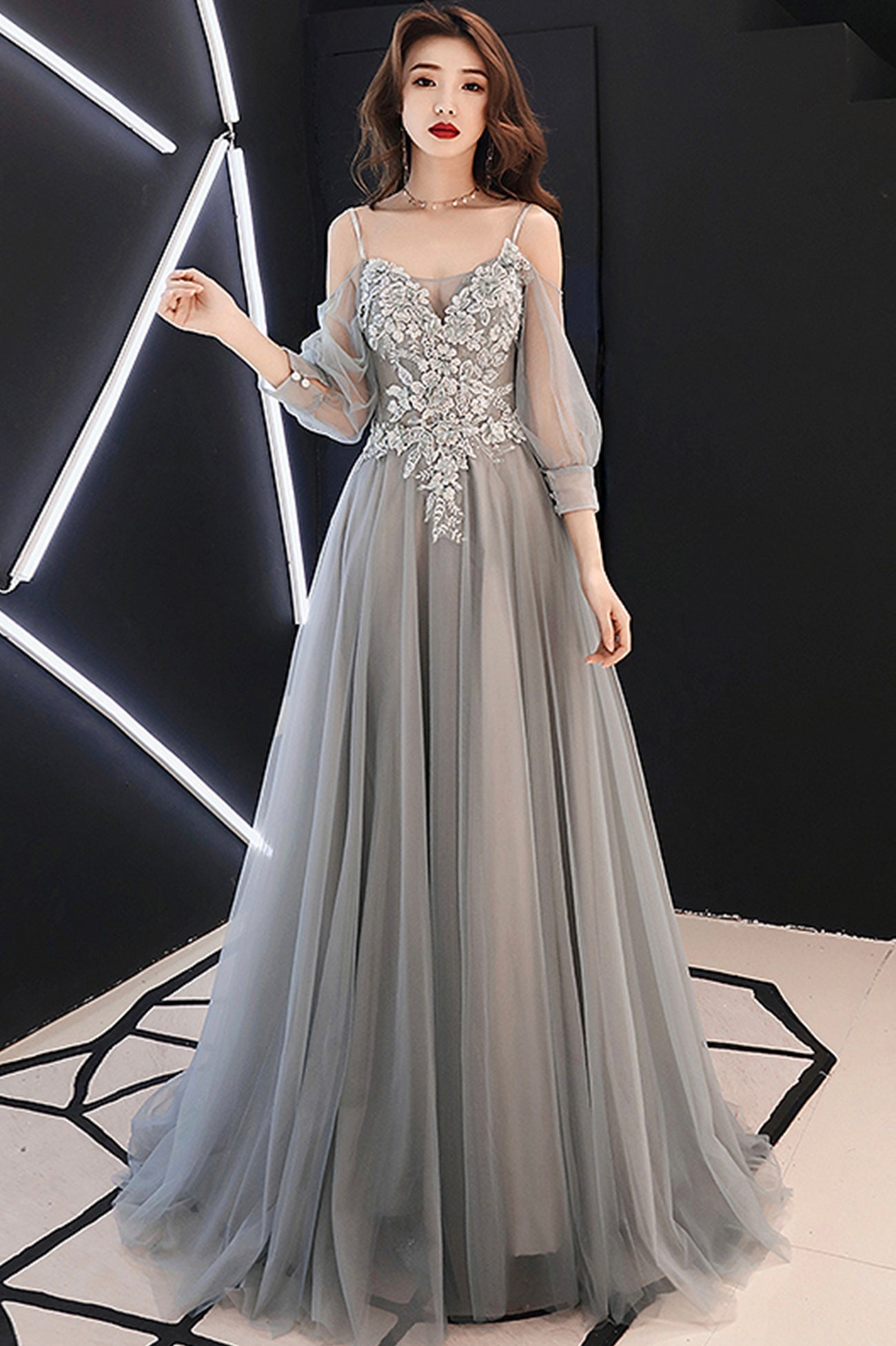 Gray Tulle Lace Long Prom Dress, A-Line Long Sleeve Evening Dress
