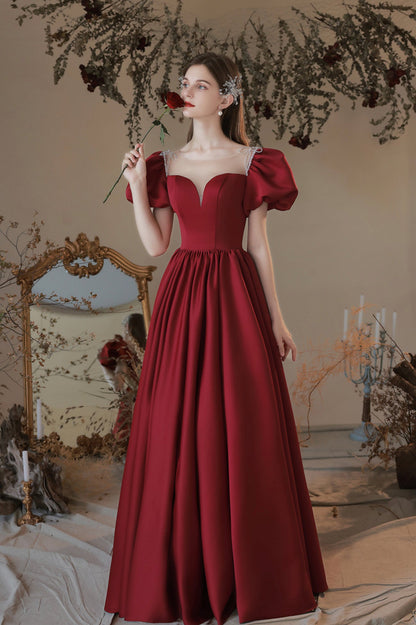 Burgundy Satin Long A-Line Prom Dress, Cute Short Sleeve Graduation Dress