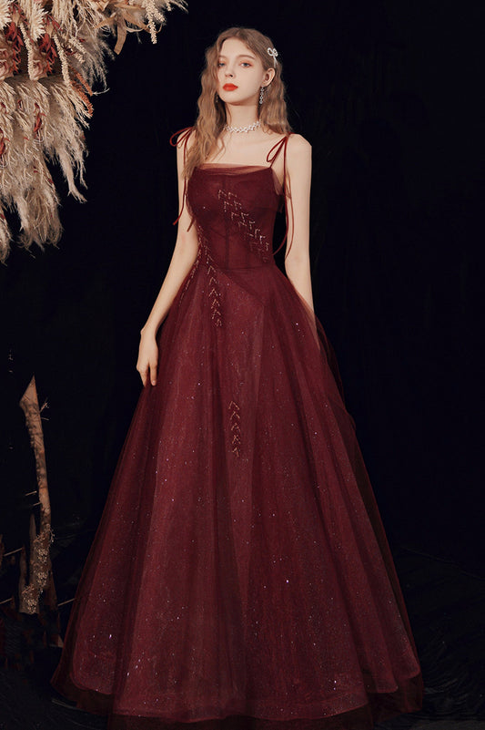 Burgundy A-Line Shiny Tulle Long Prom Dress, Lovely Lace-Up Graduation Dress