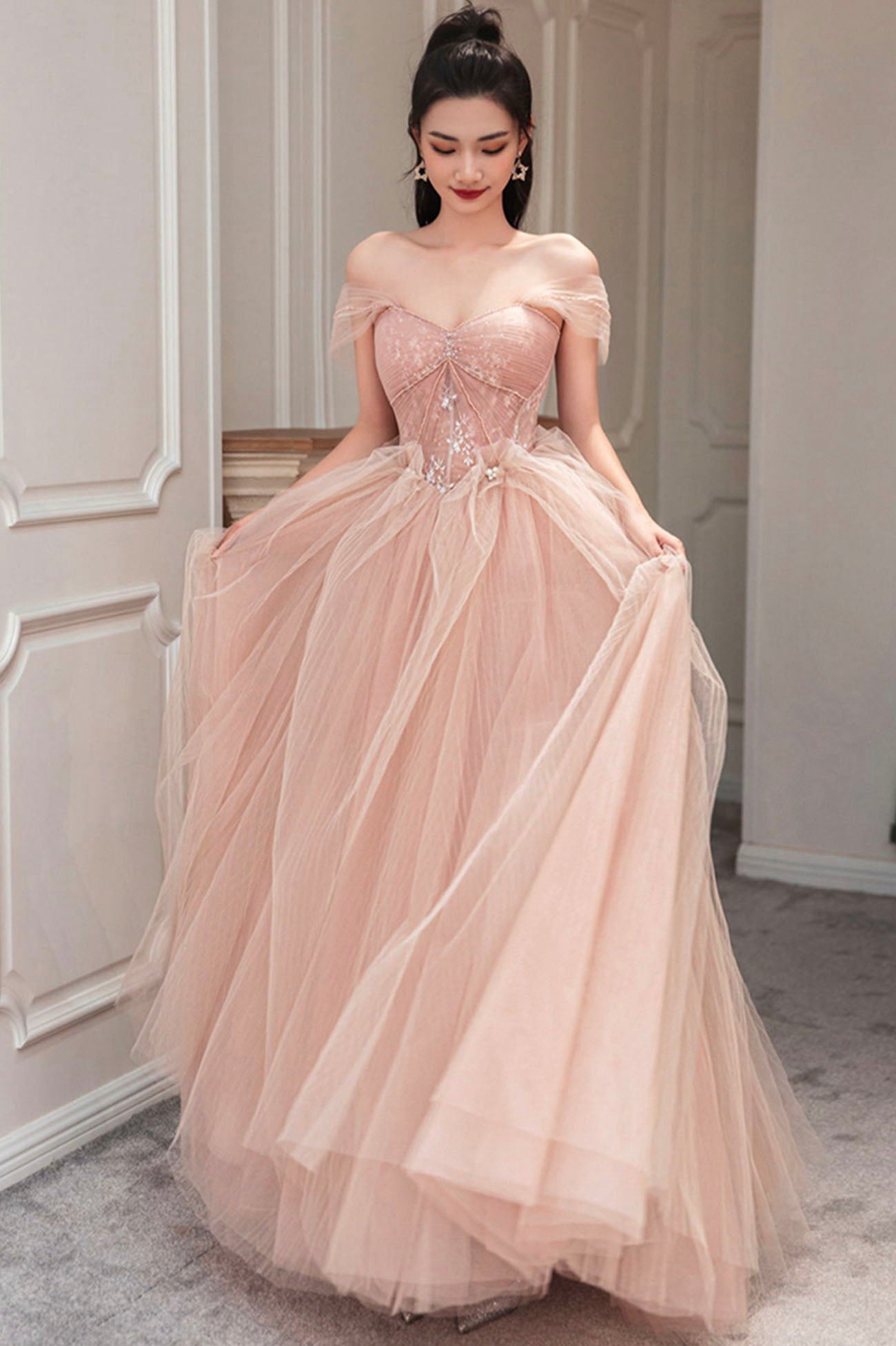 Pink Tulle Long A-Line Prom Dress, Cute Off the Shoulder Graduation Dress