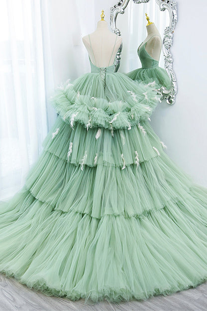 Green Tulle Long A-Line Prom Dress, Green V-Neck Formal Evening Gown