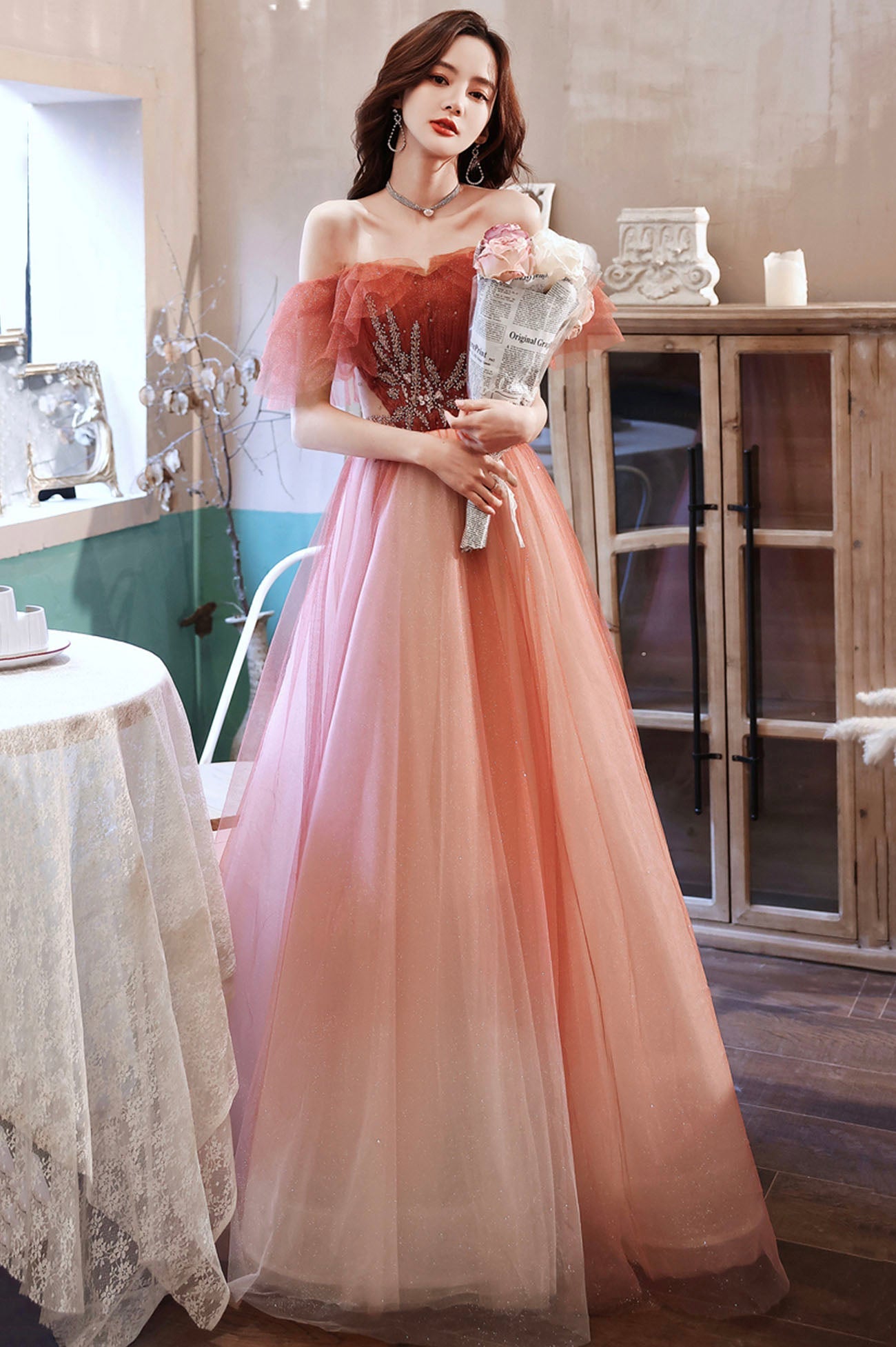 Burgundy Tulle Long A-Line Prom Dress, Off the Shoulder Graduation Dress