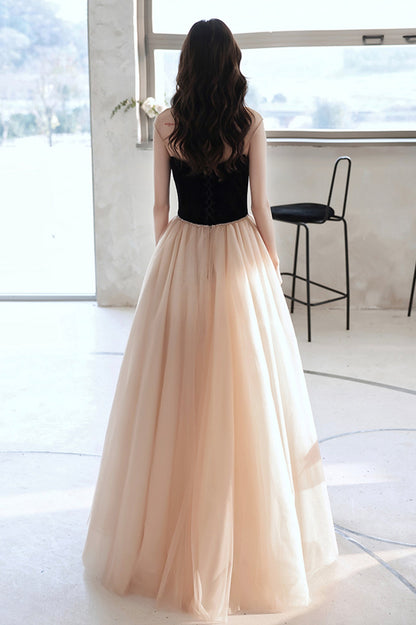 Elegant Tulle Long A-Line Prom Dress, Champagne Scoop Neckline Evening Dress