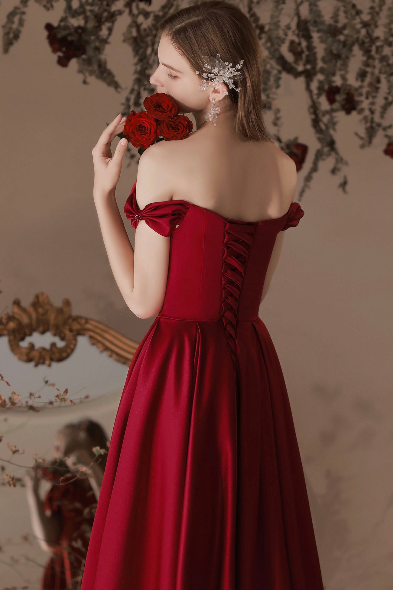 Burgundy Satin Long A-Line Prom Dress, Off the Shoulder Evening Dress with Bow