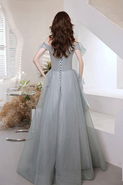 Gray Tulle Long A-Line Prom Dress, Off the Shoulder Evening Party Dress
