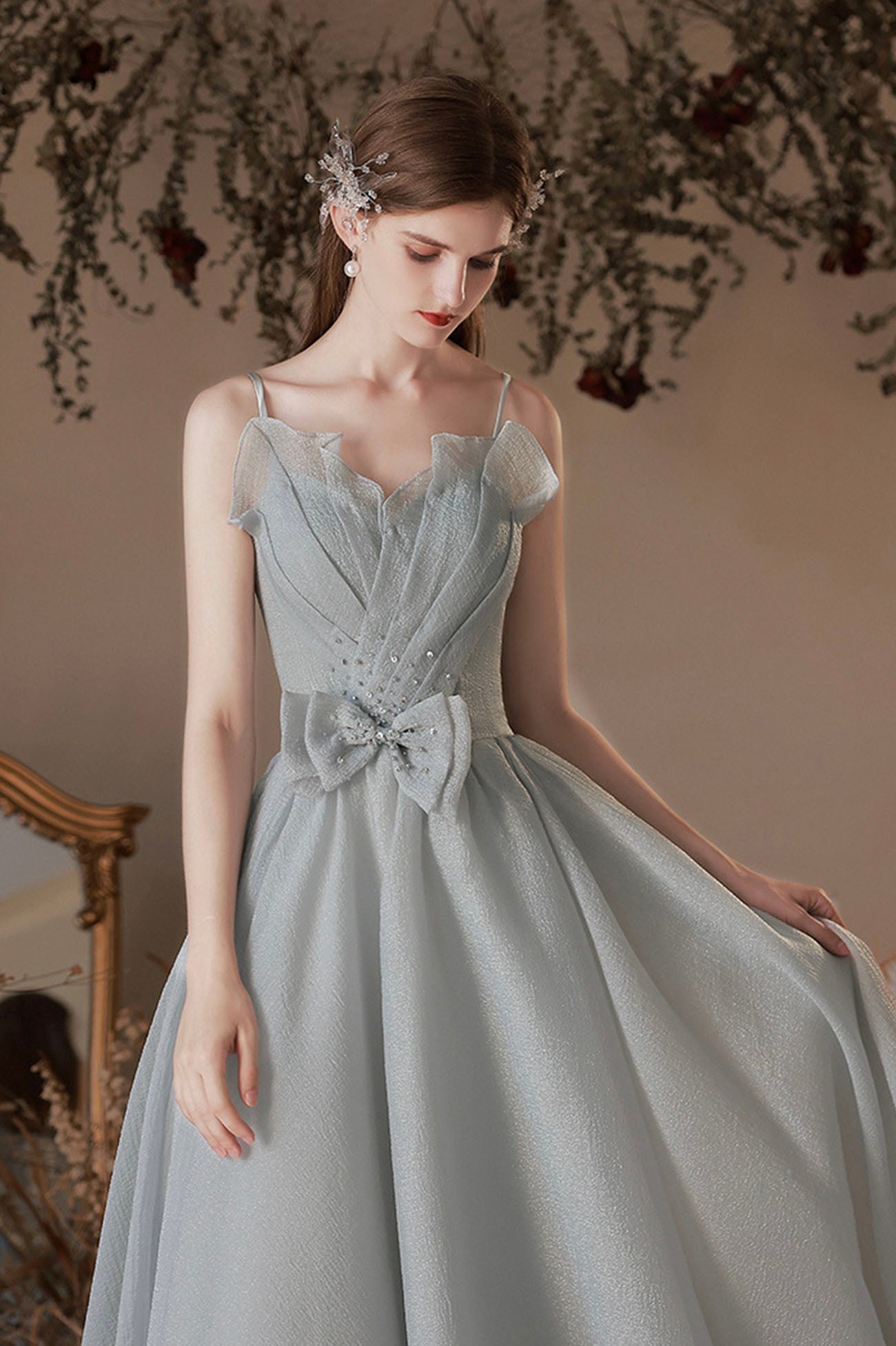 Gray Tulle Long A-Line Prom Dress with Bow, Lovely Graduation Dress