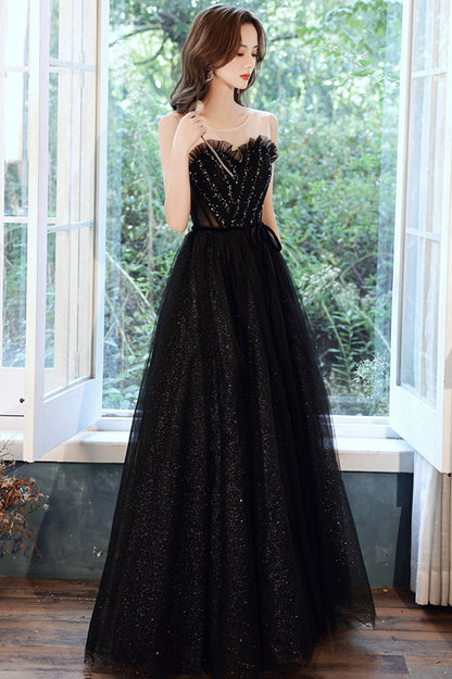 Black Scoop Neckline Tulle Long Prom Dress, A-Line Evening Party Dress