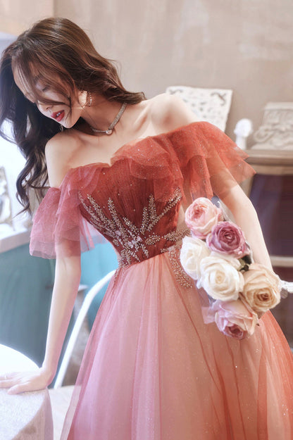 Burgundy Tulle Long A-Line Prom Dress, Off the Shoulder Graduation Dress