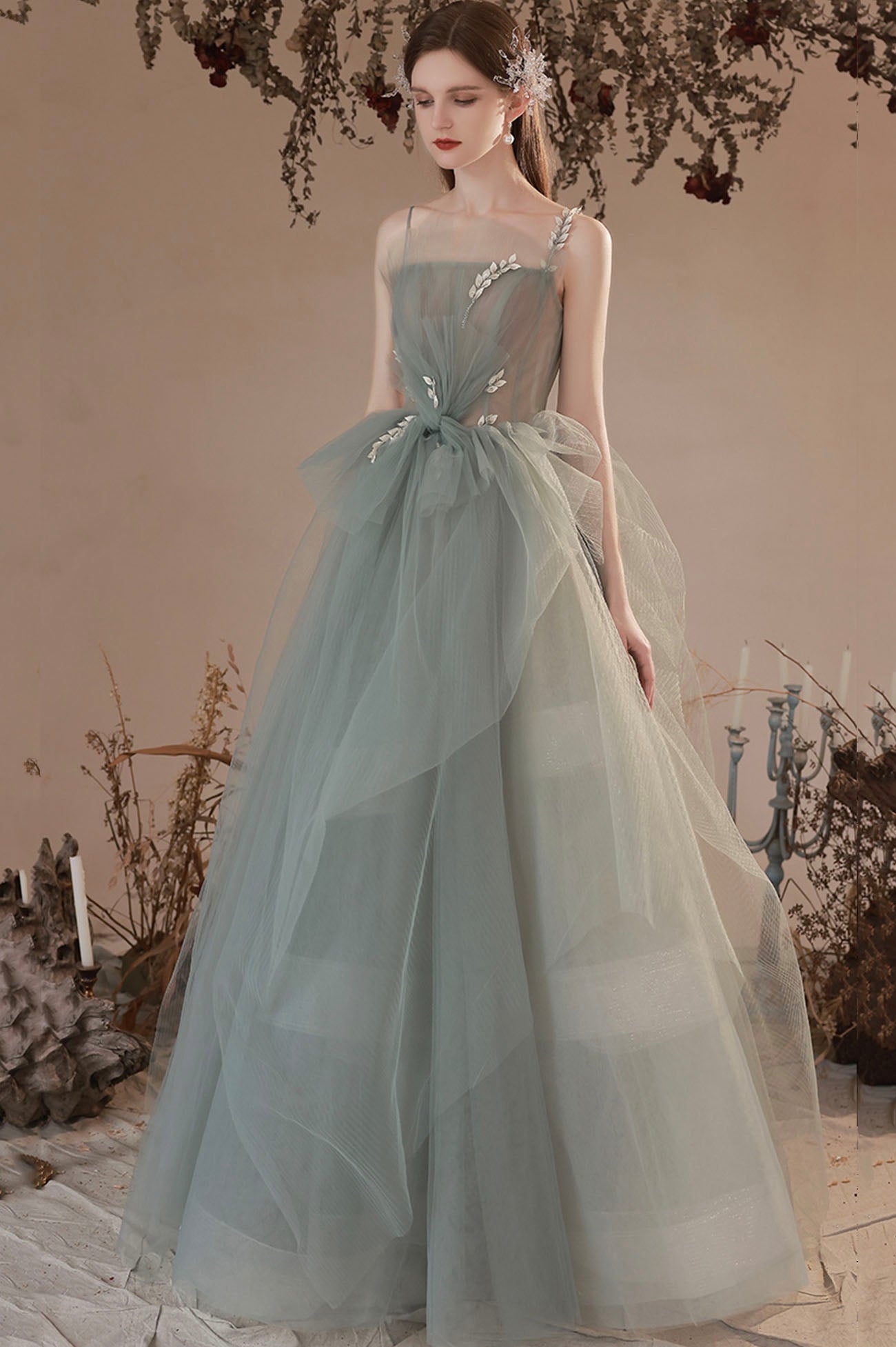 Light Green Tulle with Lace Long Prom Dress, Green Evening Party Dress