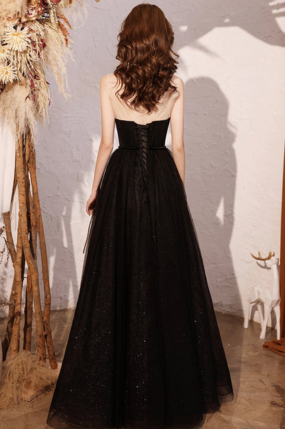 Black Scoop Neckline Tulle Long Prom Dress, A-Line Evening Party Dress