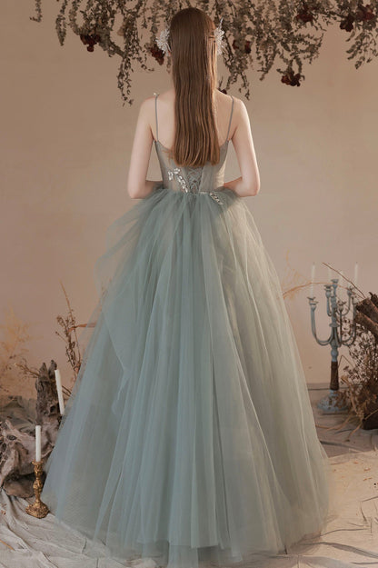 Light Green Tulle with Lace Long Prom Dress, Green Evening Party Dress