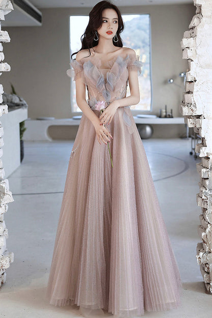Pink Tulle Long A-Line Prom Dress, Off the Shoulder Evening Party Dress