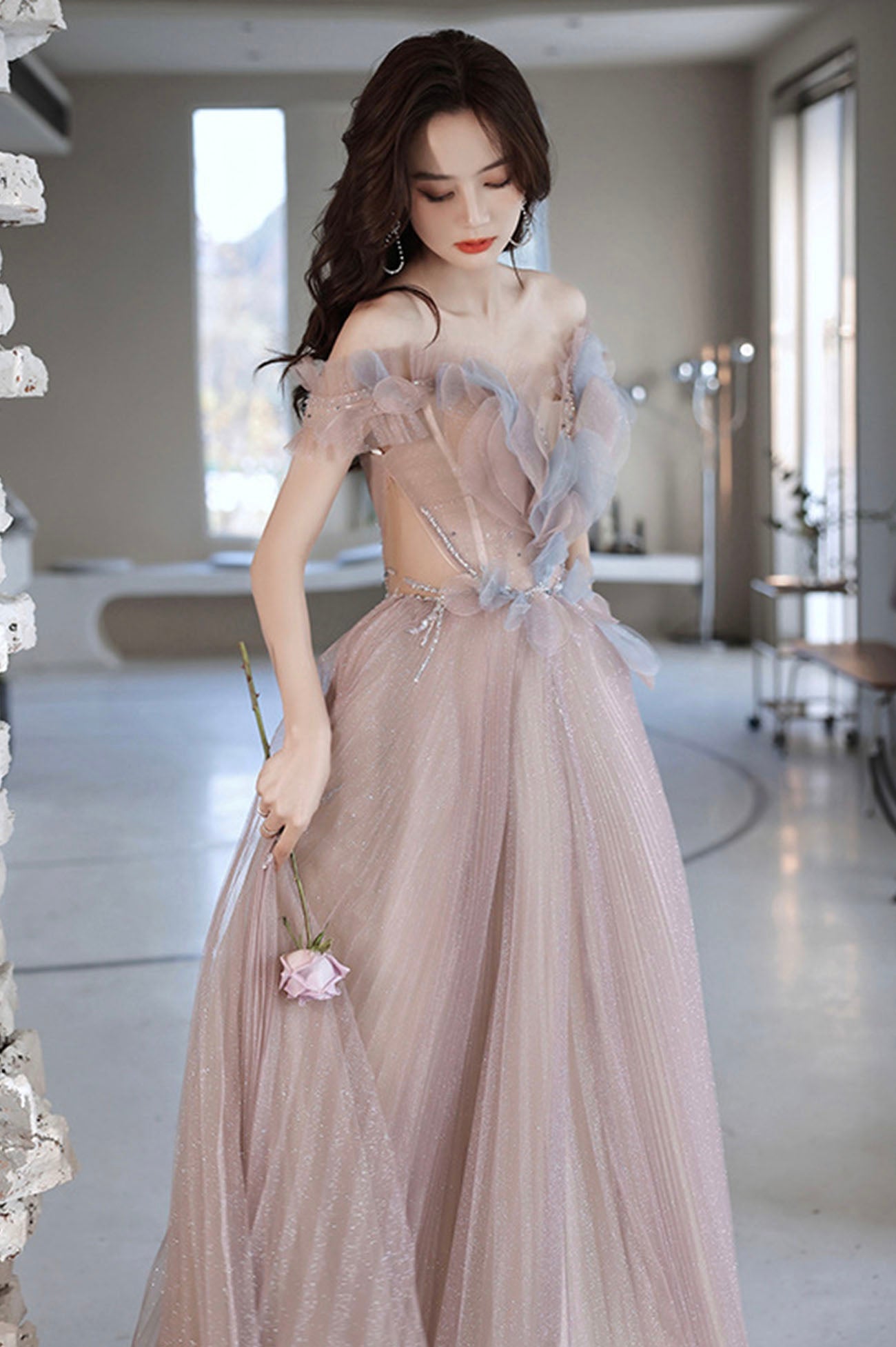 Pink Tulle Long A-Line Prom Dress, Off the Shoulder Evening Party Dress