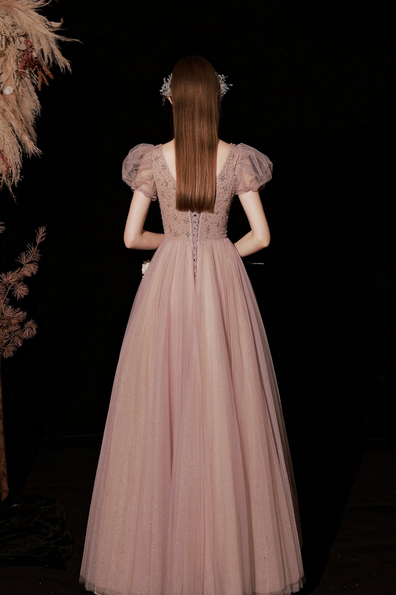 Pink Tulle Long A-Line Prom Dress with Beaded, Cute Short Sleeve Evening Dress