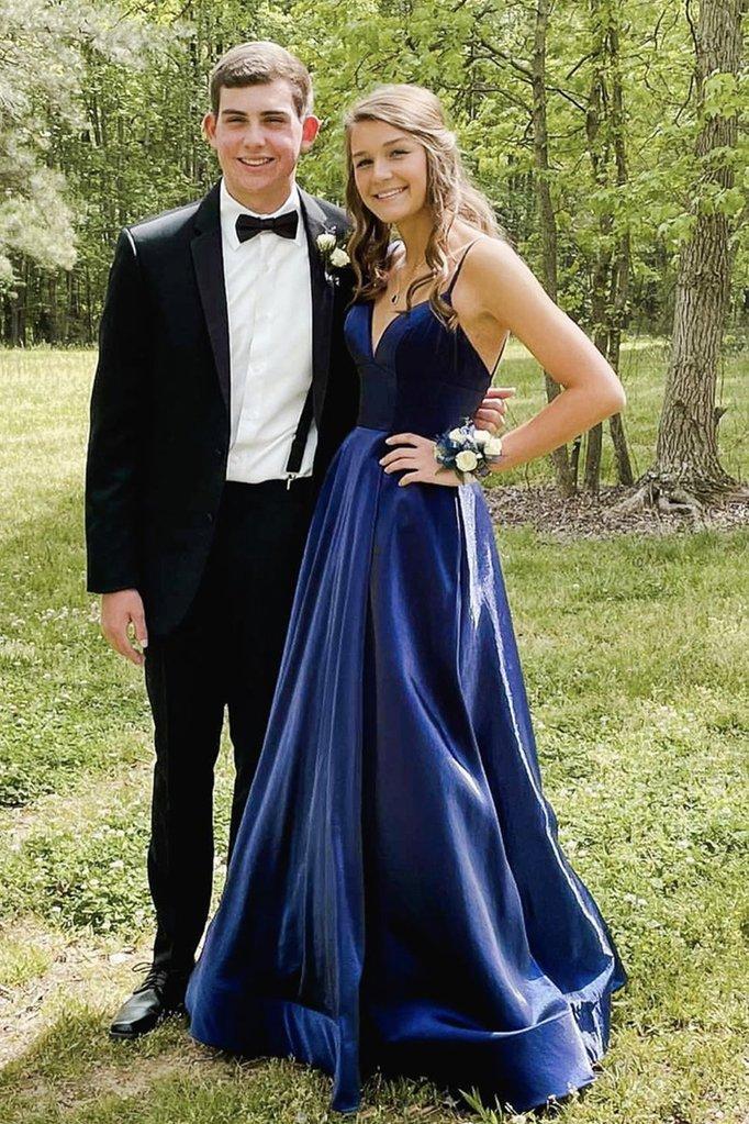 Simple v neck blue satin long prom dress blue evening dress