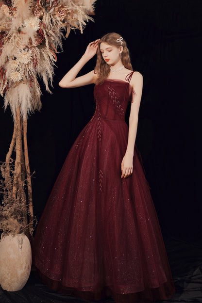 Burgundy A-Line Shiny Tulle Long Prom Dress, Lovely Lace-Up Graduation Dress