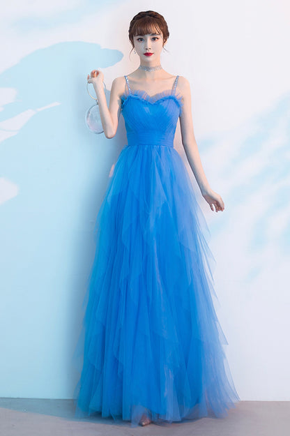 Blue Spaghetti Strap Tulle Long Prom Dress, Cute Blue Evening Party Dress