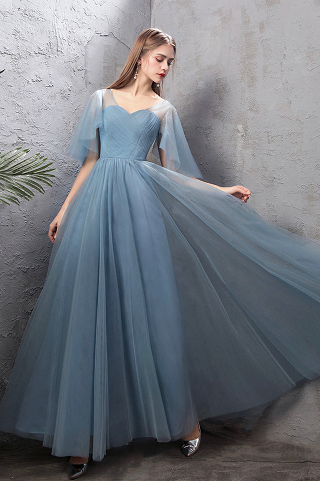 Blue Tulle Long A-Line Prom Dress, Simple Blue Evening Bridesmaid Dress