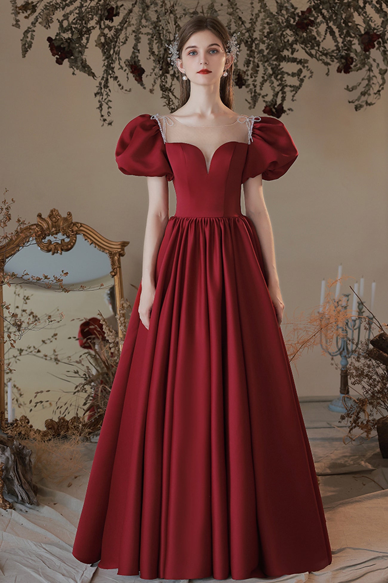 Burgundy Satin Long A-Line Prom Dress, Cute Short Sleeve Graduation Dress