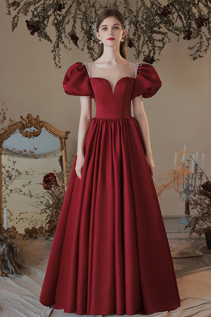 Burgundy Satin Long A-Line Prom Dress, Cute Short Sleeve Graduation Dress