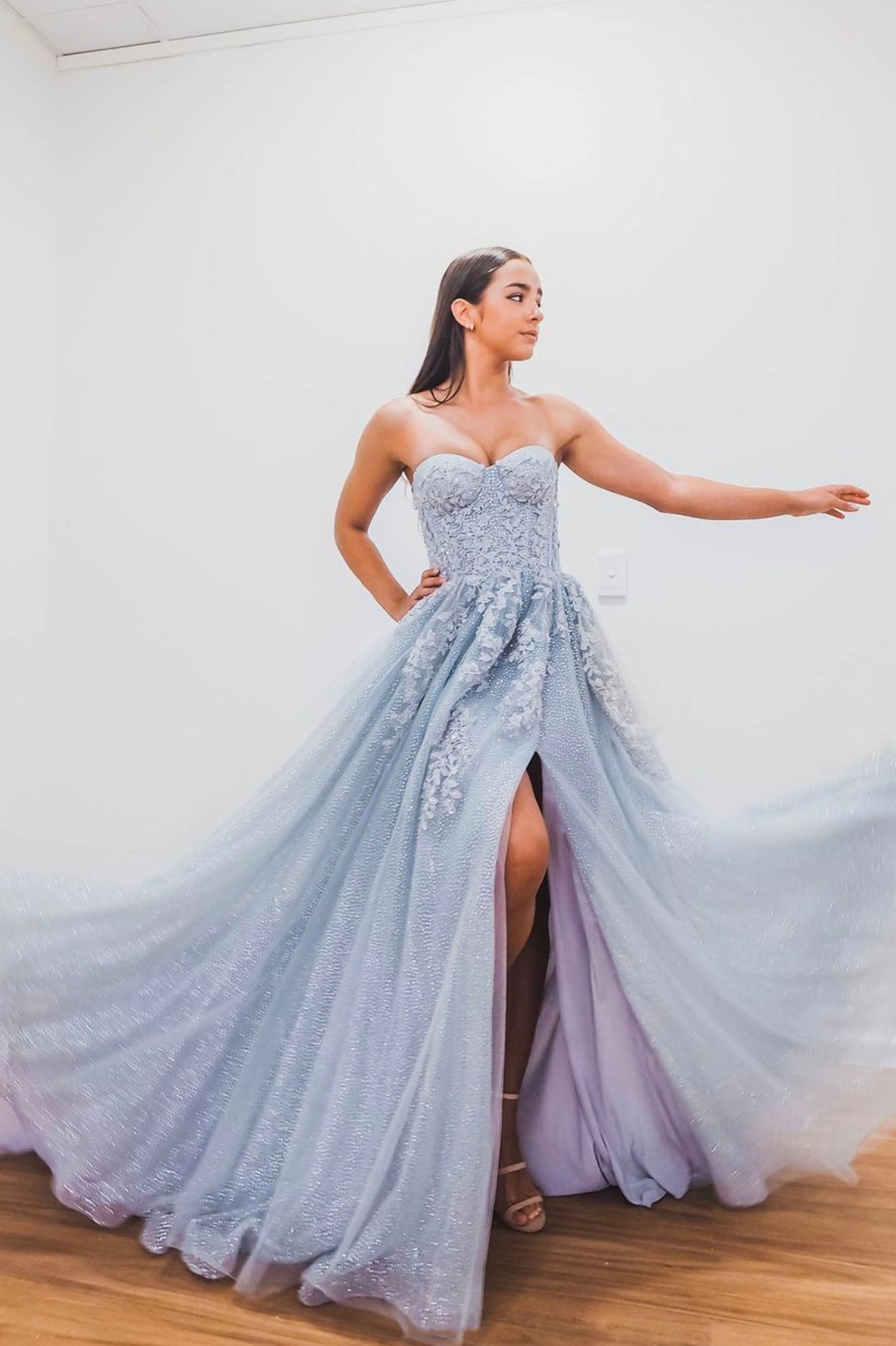 Blue Strapless Lace Long Prom Dress, Lovely A-Line Evening Dress with Slit