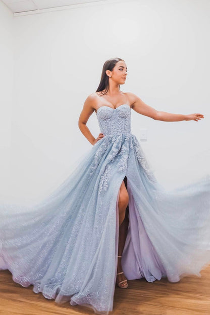 Blue Strapless Lace Long Prom Dress, Lovely A-Line Evening Dress with Slit