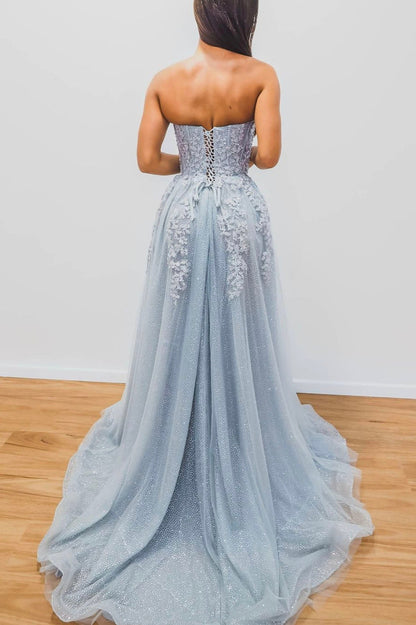 Blue Strapless Lace Long Prom Dress, Lovely A-Line Evening Dress with Slit