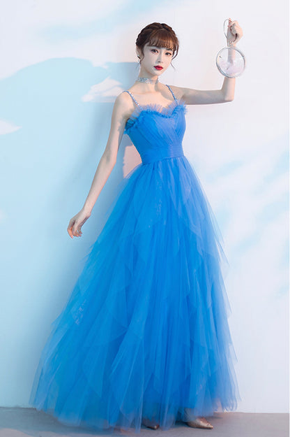 Blue Spaghetti Strap Tulle Long Prom Dress, Cute Blue Evening Party Dress